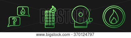 Set Line Ringing Alarm Bell, Phone With Emergency Call 911, Fire In Burning Building And Fire Flame.