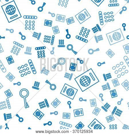 Set Line Old Key, Passport And Password Protection On Seamless Pattern. Vector