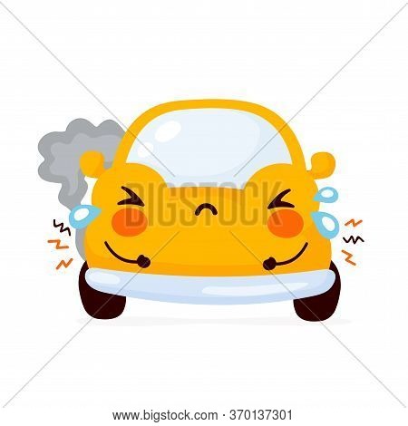 Cute Sad Broken Yellow Automobile Car. Vector Flat Cartoon Character Illustration Icon Design.isolat