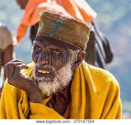 Aksum, Ethiopia - Feb 08, 2020: Old Ethiopian Man On The Road From Axum To The Simien Mountains, Nor