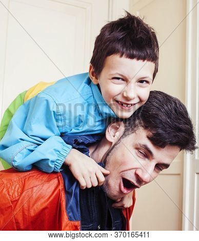 Faher And Son Together Having Fun At Home, Lifestyle Happy Family, People At Home