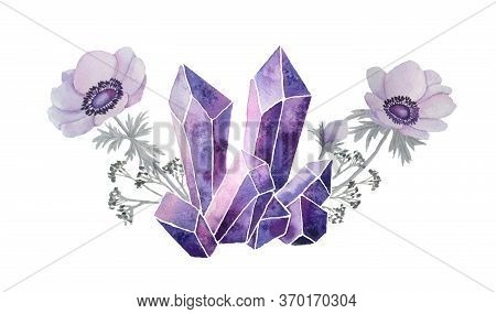 Watercolor Hand Drawn Illustration Set Of Violet Purple Lavender Gemstone Cystals Percious Semipreci