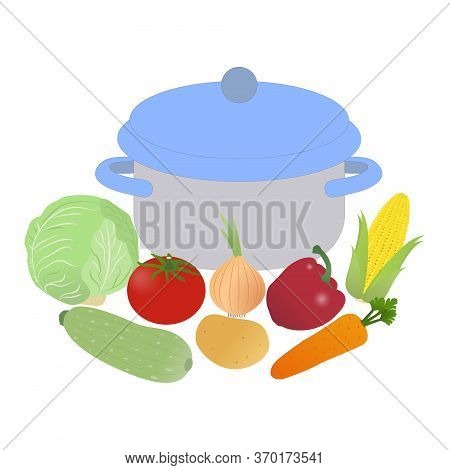 Vegetable Set Of Tomato, Zucchini, Onion, Carrot, Corn, Pepper, Potatoe, Cabbage Located Around The 