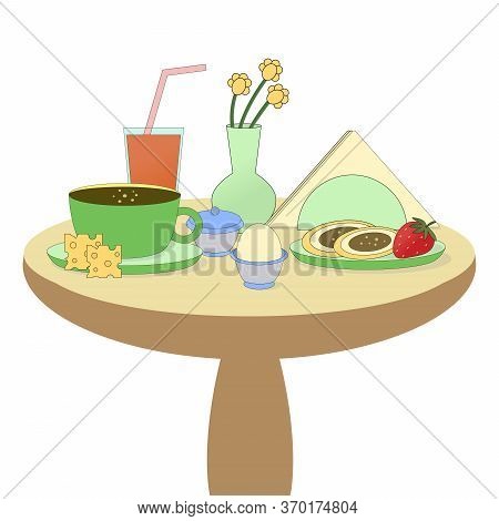 Breakfast Icon With Egg, Coffee, Strawberry, Carrot Juice, Cookies And Cheese On The Table. Decorate