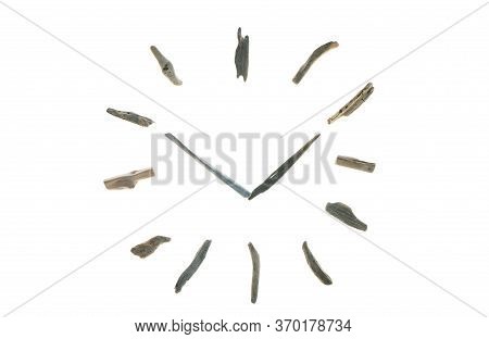 Driftwood Clock. Summer Time. Dial Made Of Driftwood Sea Snags Isolated On White Background.the Inte