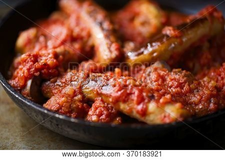 Close Up Of Traditional Rustic Italian Sunday Meat Tomato Sauce Gravy