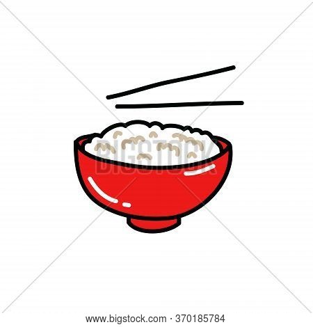 Rice With Chopsticks Doodle Icon, Vector Color Illustration
