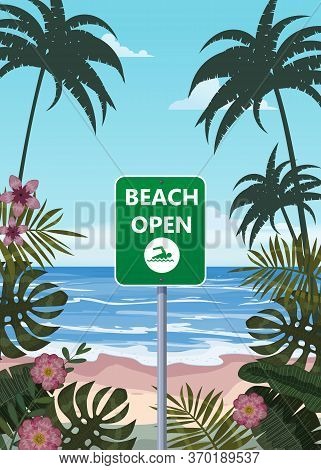 Summer Beach Banner Open. Seascape Ocean Shore Tropical Flora Palms. Opening Season Vacation. Vector
