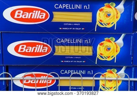 Tyumen, Russia-may 17, 2020: Box Of Pasta Barilla. Barilla Produces Several Kinds Of Pasta.