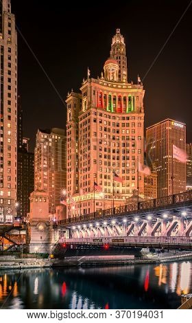 Chicago, Illinois Usa- December 16, 2017, Chicago River, Dusable Bridge At Night (for Editorial Use 