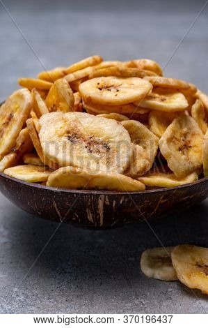 Healthy Snack, Crispy Dehydrated Unsugared Banana Chips In Bowl