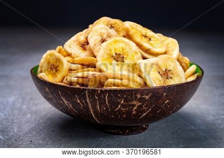 Healthy Snack, Crispy Dehydrated Unsugared Banana Chips In Bowl
