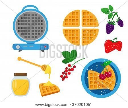Blue Waffle Iron With Waffles, Berries And Honey For Serving And Decorating. Set Vector Illustration