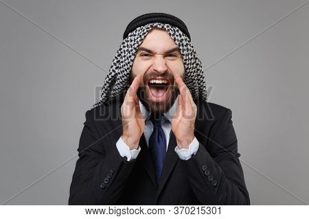 Crazy Bearded Arabian Muslim Businessman In Keffiyeh Kafiya Ring Igal Agal Classic Black Suit Tie Is