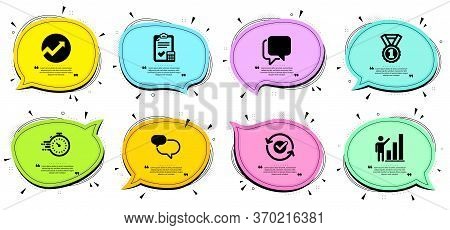 Timer, Graph Chart And Best Rank Signs. Chat Bubbles With Quotes. Audit, Chat Message And Approved L