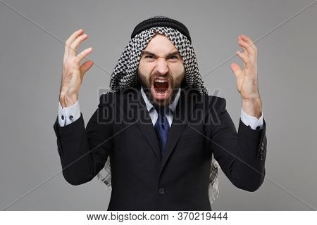 Angry Bearded Arabian Muslim Businessman In Keffiyeh Kafiya Ring Igal Agal Classic Black Suit Shirt 