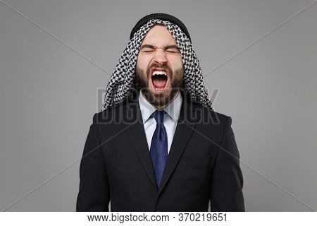 Frustrated Arabian Muslim Businessman In Keffiyeh Kafiya Ring Igal Agal Classic Black Suit Shirt Iso