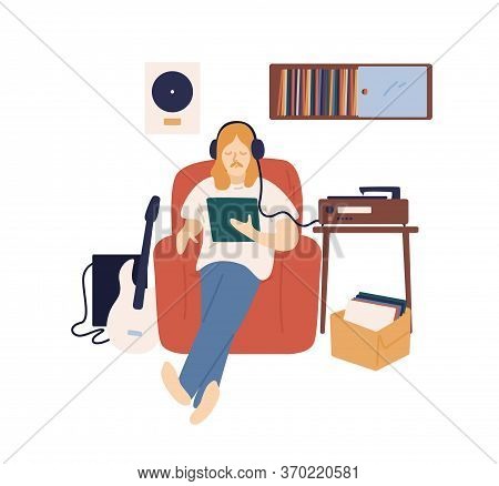Male Music Lover In Headphones Listening Audio Records On Retro Player Vector Flat Illustration. Hip