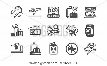 Airport Icons Set. Boarding Pass, Baggage Claim, Departure. Connecting Flight, Tickets, Pre-order Fo