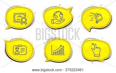 Touchscreen Gesture Sign. Diploma Certificate, Save Planet Chat Bubbles. Push Cart, Graph Chart And 
