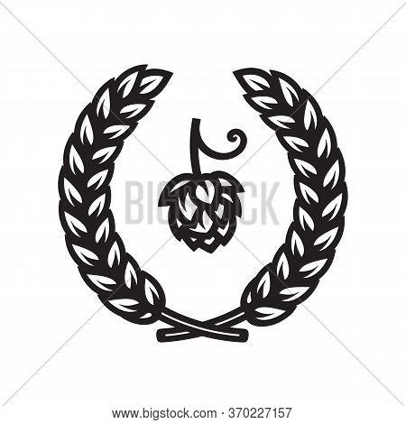 Wreath Of Wheat Or Barley Ears And Hop Cone. Design Element For Beer Prodaction, Brewery
