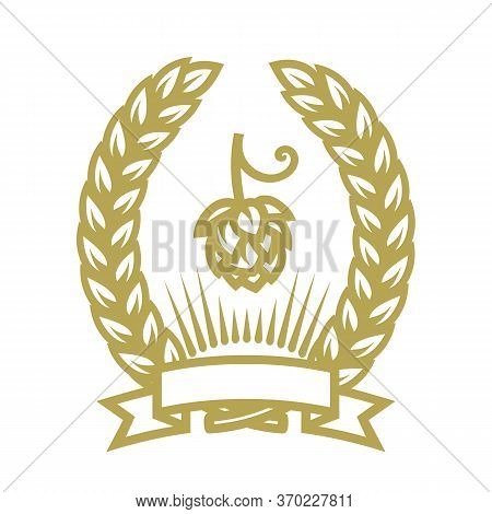 Beer Emblem. Wreath Of Wheat Or Barley Ears, Hop Cone, Ribbon Banner And Sun Rays. Design Element Fo