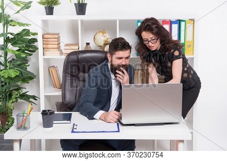 Problem Solving. Business Partners Work On Computer. Communication And It Skills. Workplace Communic