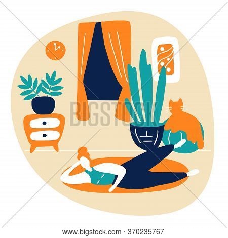 Sport Exercise And Physical Activity At Home. Young Woman Training, Getting Fit At Home. Stay Physic