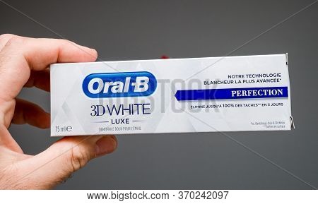 Paris, France - May 29, 2020: Man Hand Holding Pov New Oral-b 3d White Perfection New Luxury Toothpa