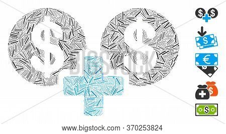 Dash Mosaic Based On Sum Money Icon. Mosaic Vector Sum Money Is Composed With Random Dash Dots. Bonu