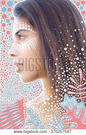 Close up profile portrait of an attractive, woman with long hair and