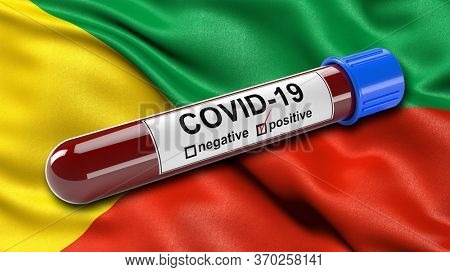 Flag of Zabaykalsky Krai waving in the wind with a positive Covid-19 blood test tube. 3D illustration concept for blood testing for diagnosis of the new Corona virus.