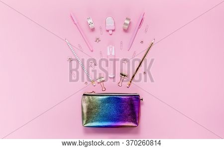 Back To School Concept Notepad, Pencil Case, Stationery And School Supplies. Top Horizontal View Cop
