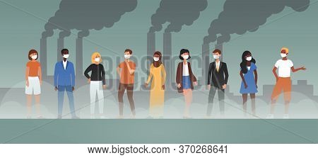 Environmental Air Pollution Banner - Cartoon Character People With Protective Face Masks In Front Of