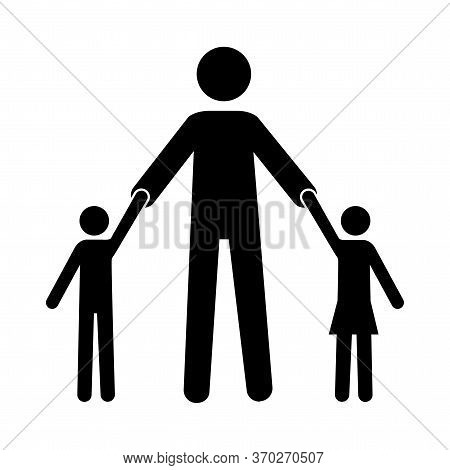 Dad Silhouette Icon With Kids. Vector Image Of A Parent With A Son And Daughter.