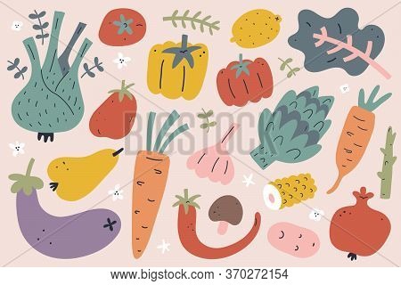Vegetable And Fruit Set, Hand Drawn Doodle Illustration, Modern Vector Clipart, Tomato, Garlic And O