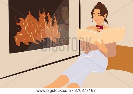 Woman Reading Book While Relaxing Near The Fireplace At Home. Vector Illustration In Flat Cartoon St