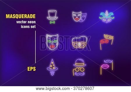 Masquerade Collection In Neon Style. Mask, Feather, Theater And Drama. Vector Illustrations For Brig