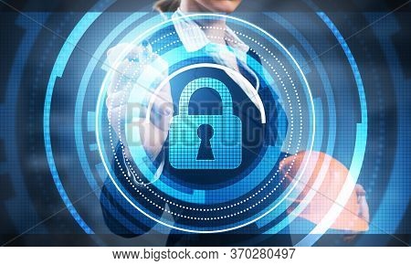 Virtual Locking Mechanism To Access Shared Resources. Businesswoman Pointing On Padlock Hologram. In