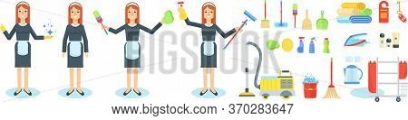 Maid Flat Vector Character. Girl, Woman In Uniform With Cleaning Supplies And Vacuum Cleaner. Cleani