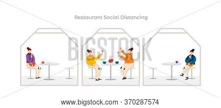 Social Distancing In Restaurant Flat Vector Illustration. People In Separate Booths. Safe Cafe Acces