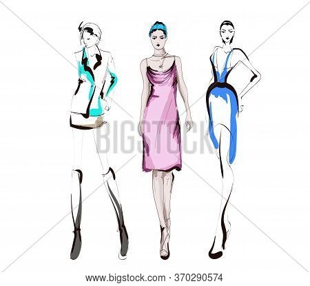 Beautiful Young Women In Modern Style.. Hand Drawn Stylish Woman Portrait. Fashion Lady. Festive Out