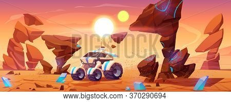 Mars Rover On Red Planet Surface Explore Alien Landscape. Robotic Autonomous Vehicle For Space Disco