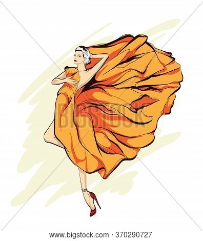 Beautiful Young Woman In Modern Style. Hand Drawn Stylish Woman Portrait. Fashion Lady. Festive Outf