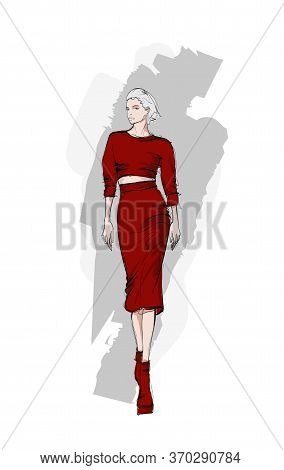 Beautiful Young Woman In Modern Style. Hand Drawn Stylish Woman Portrait. Fashion Lady. Festive Outf