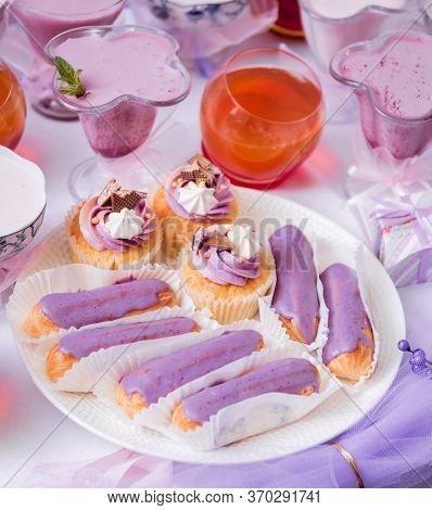 Set Of Various Cupcakes, Bright And Colorful Pink Set In Outdoor Lighting