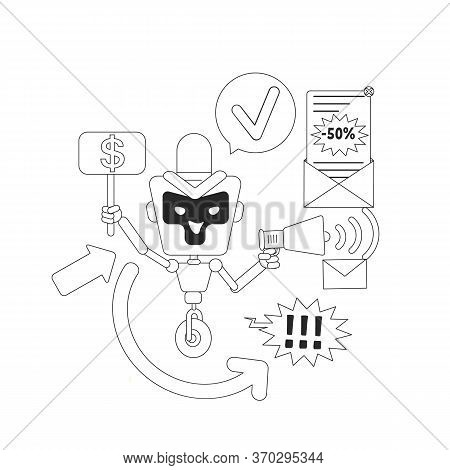 Spam Bot Thin Line Concept Vector Illustration. Unwanted Ads Newsletter. Bad Ai Robot 2d Cartoon Cha