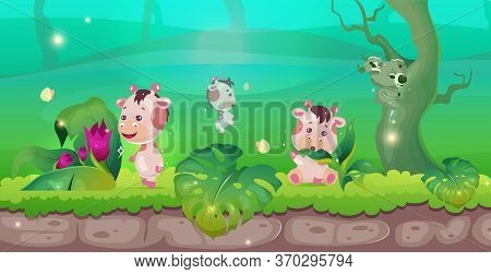 Jungle Flat Color Vector Illustration. Little Giraffes In Rainforest Conservation. Coala On Tree. An