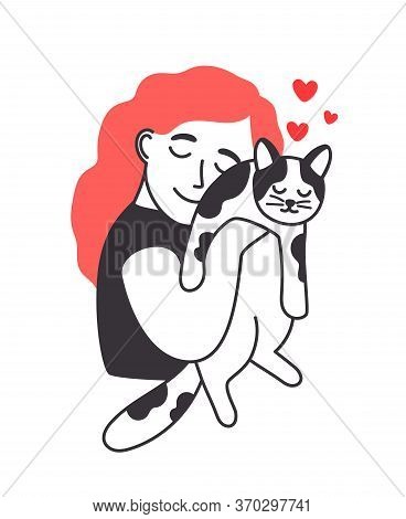 Female And Kitten. Young Woman With Smile Cuddling Cute Cat With Love, Cartoon Poster Girl Hug Pet W
