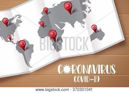 Covid-19 Coronavirus Map Vector Design. Coronavirus Covid-19 Text With World Map And Ncov Pin For Na